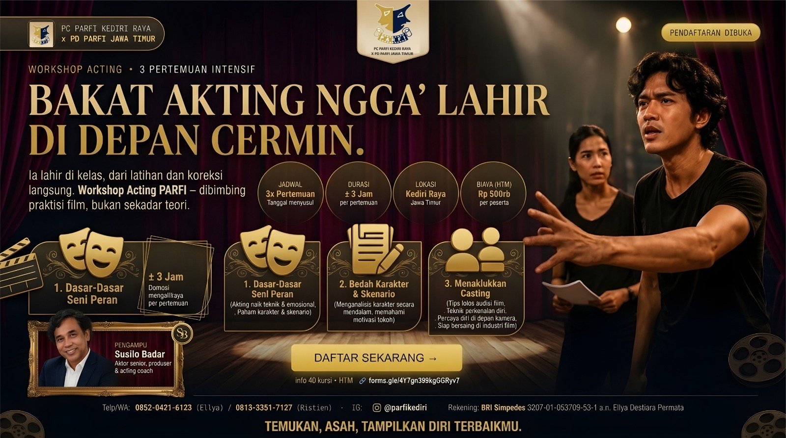 PC PARFI Kediri Gandeng PD PARFI Jatim Gelar Workshop Acting, “Bakat Akting Gak Hadir di Depan Cermin”